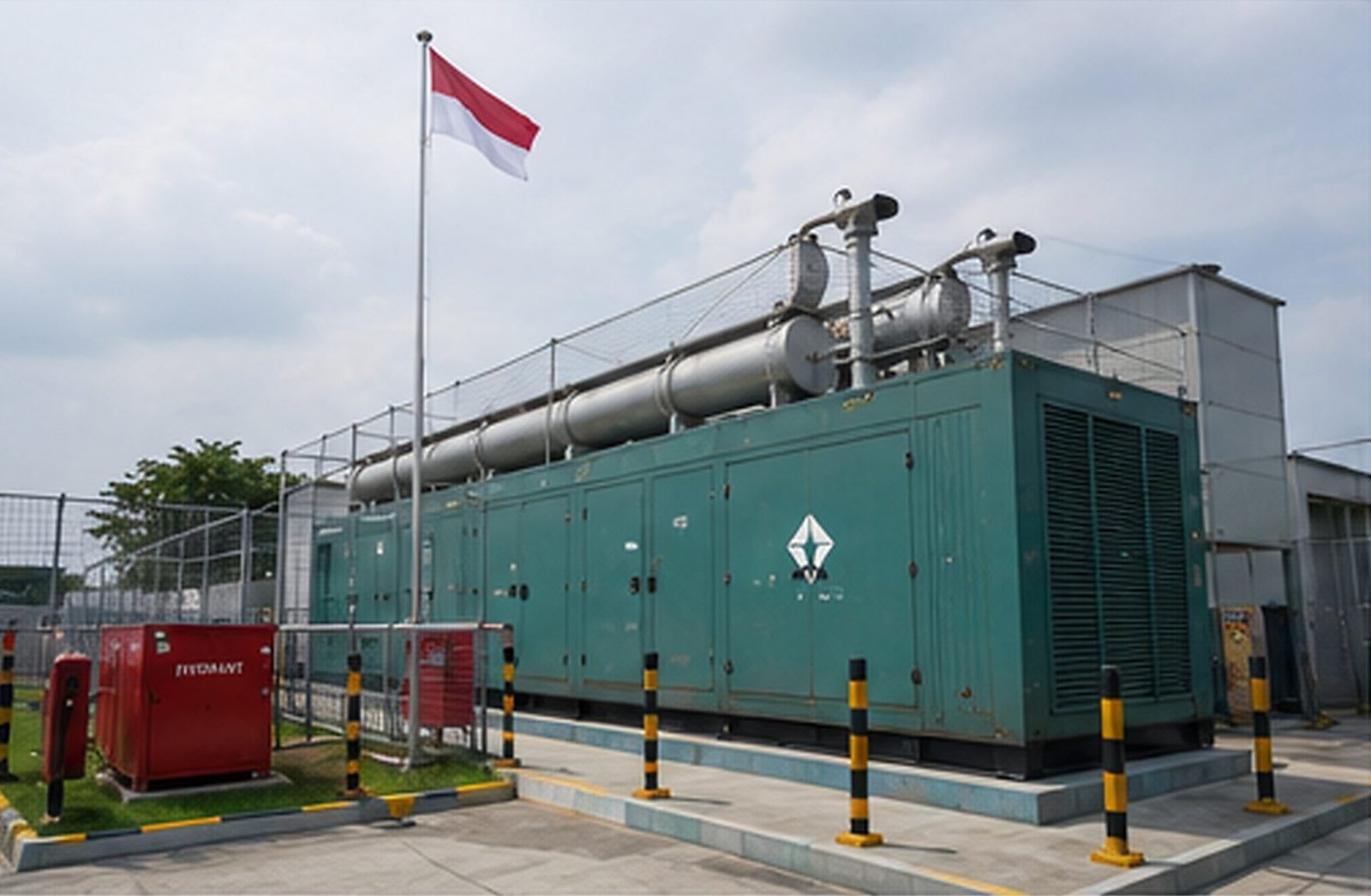 Enclosed standby generator set with exhaust silencers, bollards, and a hydrant point in a fenced yard