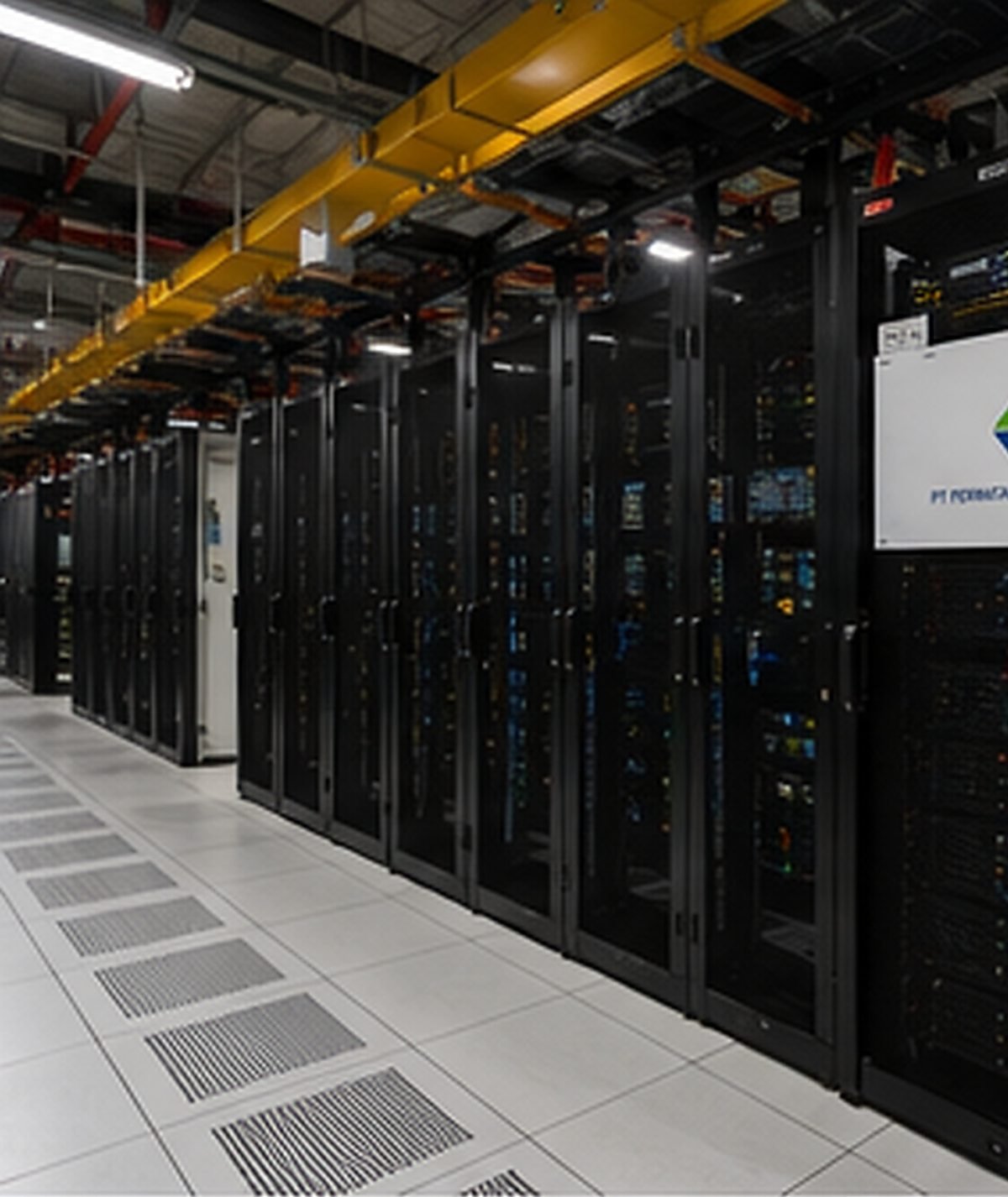 Data hall aisle lined with server cabinets, perforated floor tiles, and overhead cable containment