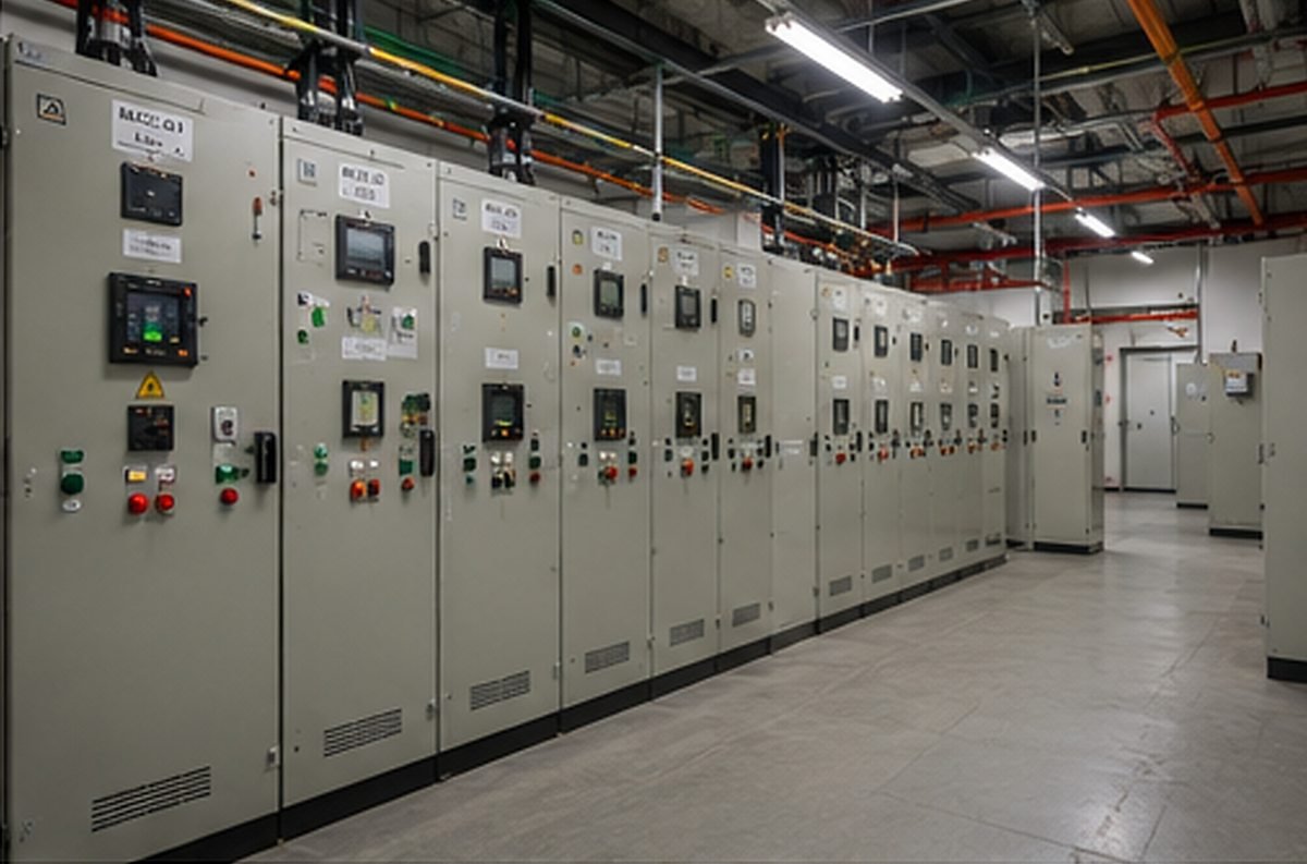 Row of low voltage switchgear panels with metering displays and control indicators in an electrical room