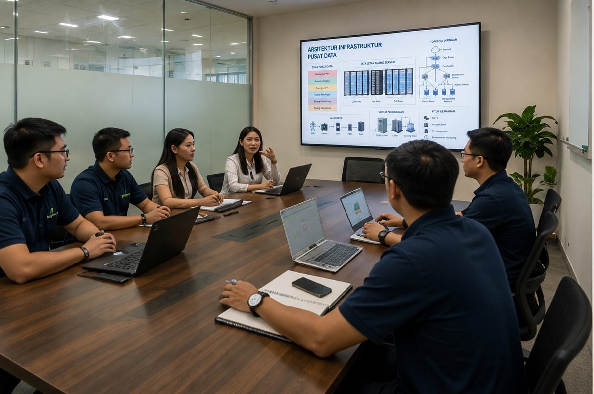 Team members reviewing a data center infrastructure diagram on a screen in a meeting room