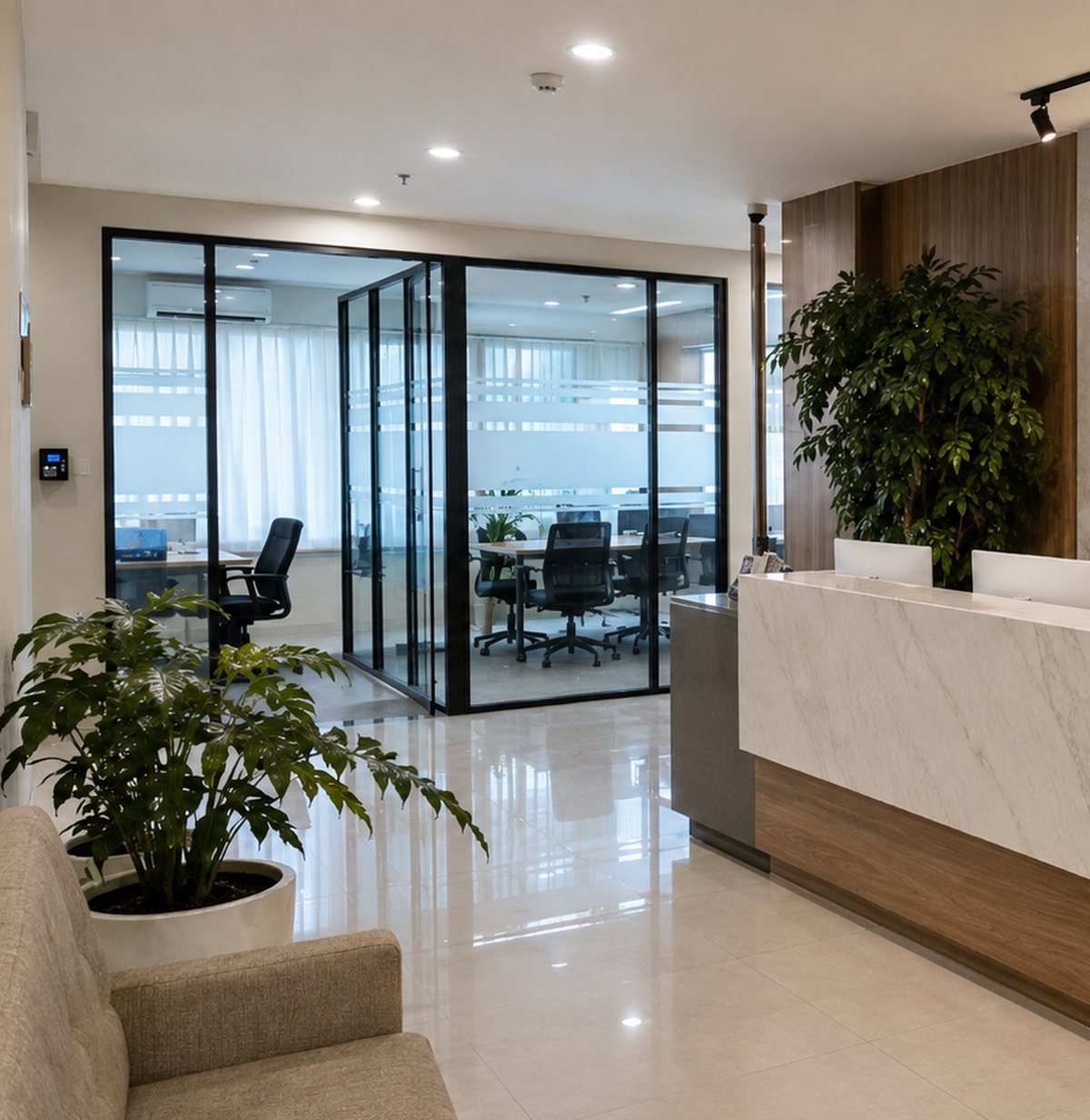 Office reception area with a front desk, seating, and a glass walled meeting room